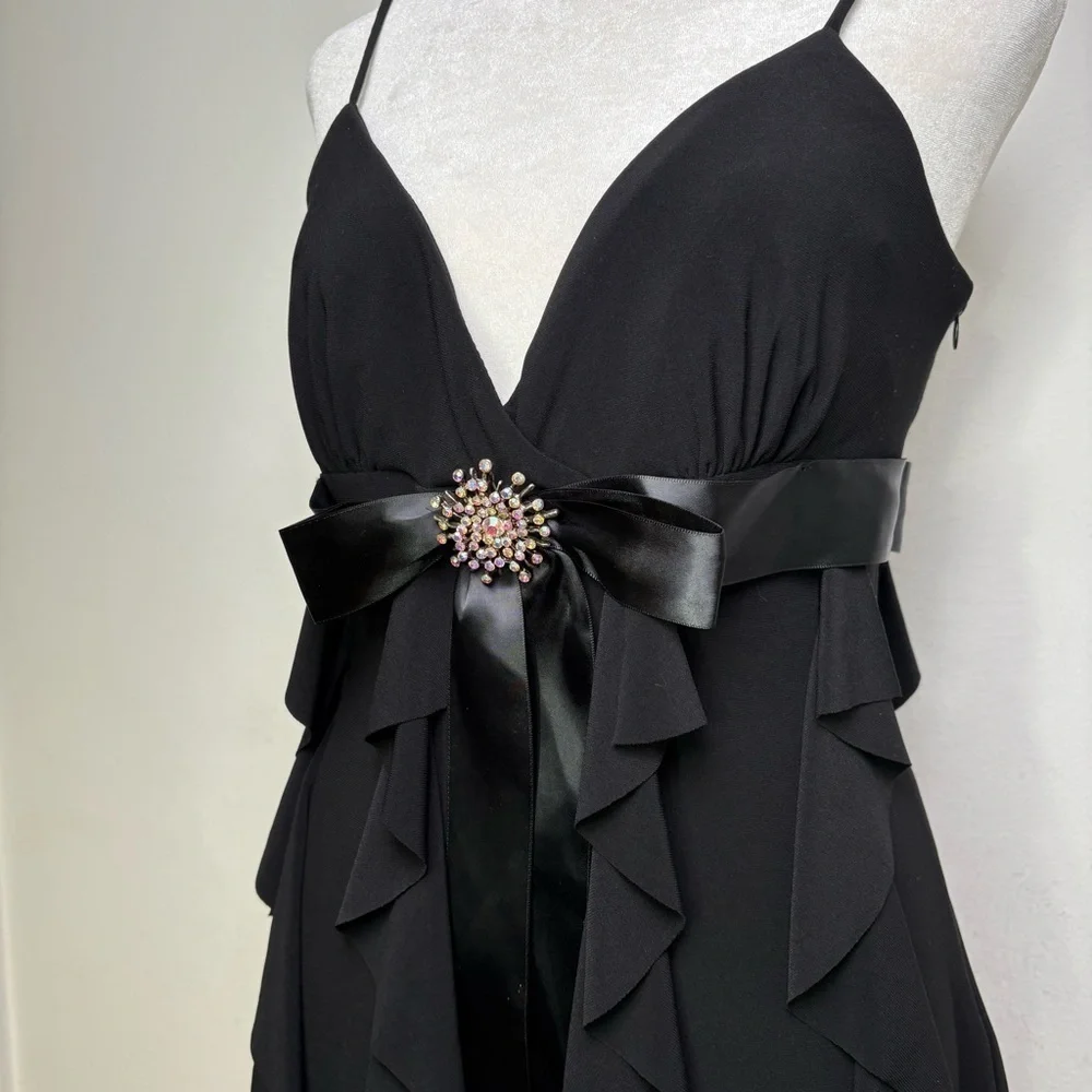 CACHE Y2K Vintage Prom Wedding Formal Dress Ruffles Rhinestone Sleeveless USA - Picture 8 of 15